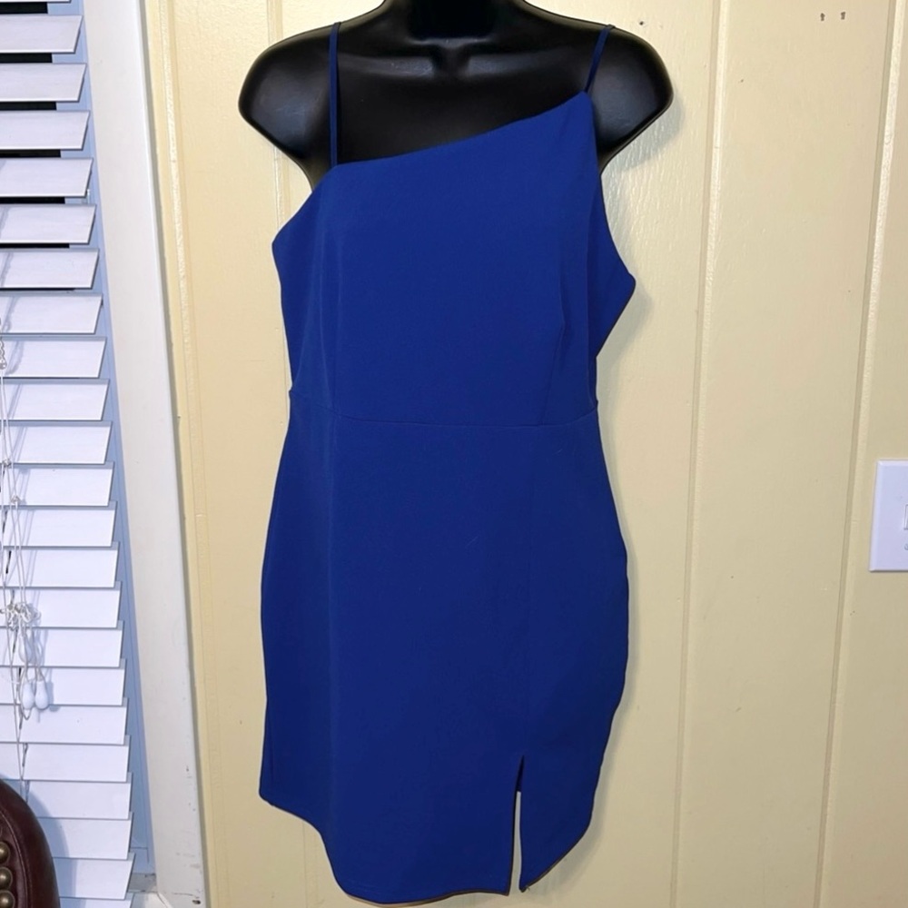 Just Quella Blue Asymmetric Neckline Tank Top Cocktail Bodycon Dress Size M